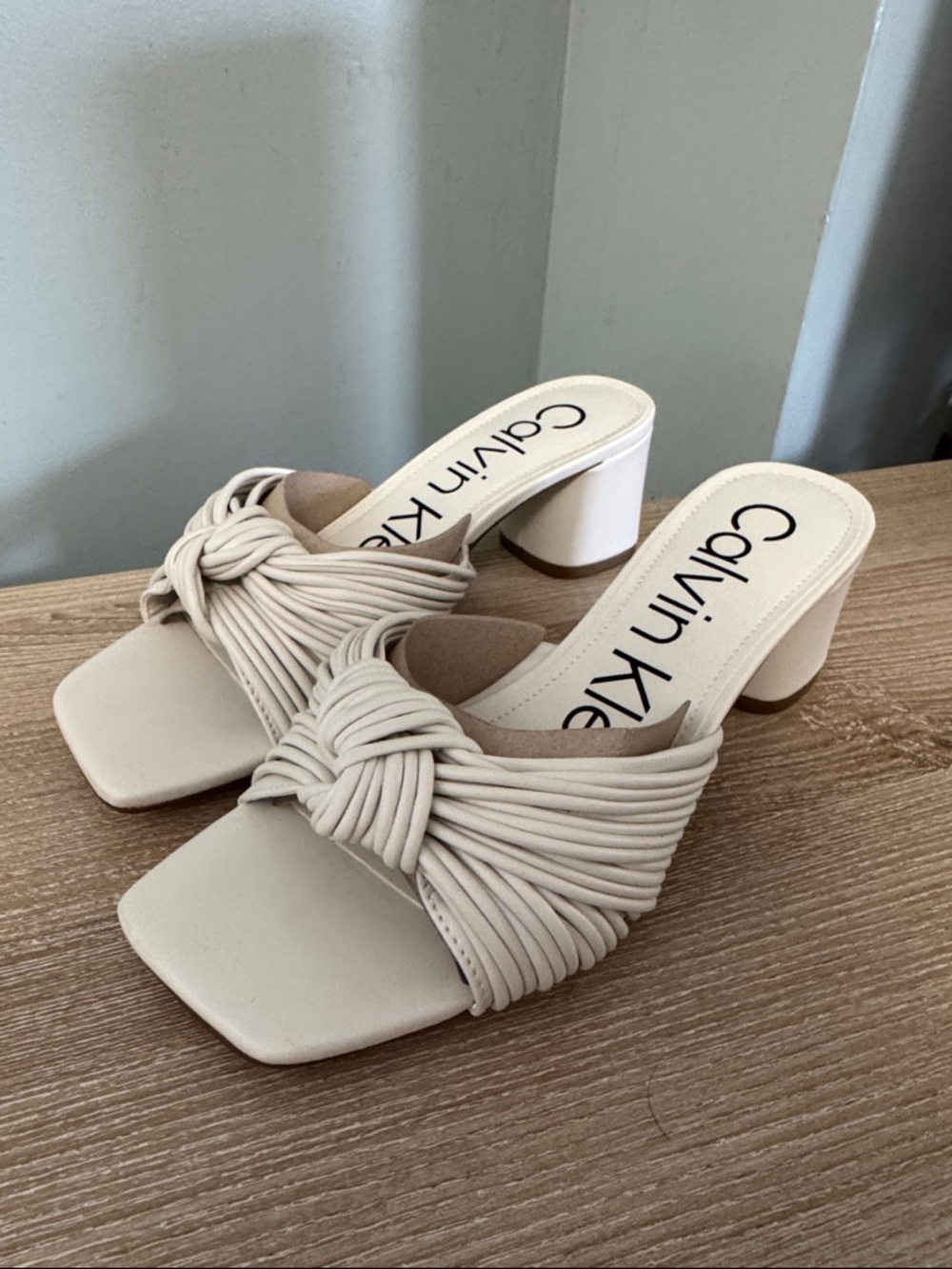 Calvin Klein Ivory Knotted-Strap Block Heel Mules